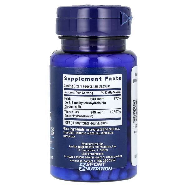 Фолієва кислота та вітамін B12 Life Extension BioActive Folate & Vitamin B12 90 капсул 2022-10-1920 фото
