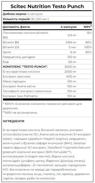 Тестостероновый бустер Scitec Nutrition Testo Punch 120 капсул 5999100003422 фото