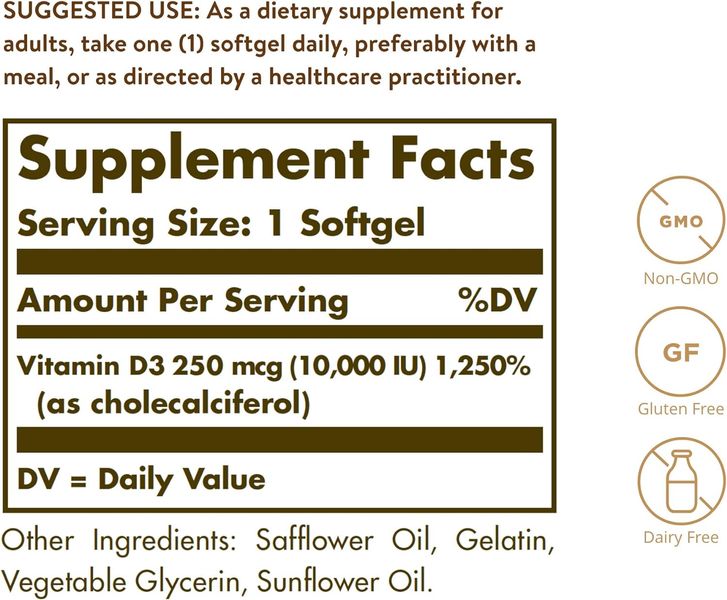 Solgar Vitamin D3 250 мкг (10 000IU) 120 капсул 100-68-6954216-20 фото