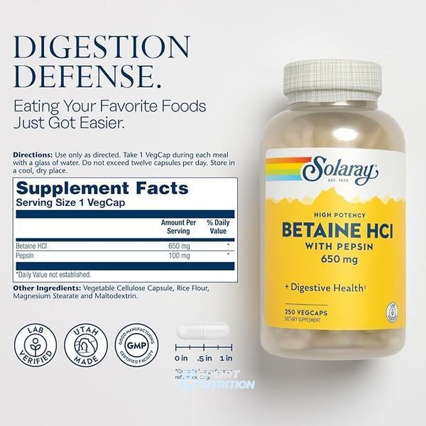 Бетаїн та Пепсин Solaray High Potency Betaine HCl with Pepsin 650 мг 250 капсул 2023-10-3580 фото