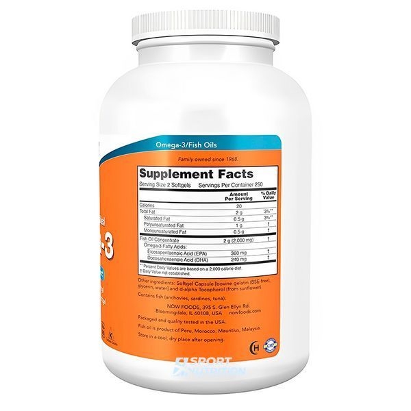 NOW Foods Omega 3 1000 мг (360 мг EPA /240 мг DHA) 500 капсул 100-27-6508950-20 фото