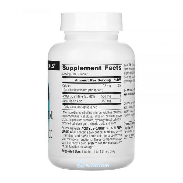 Source Naturals Acetyl L-Carnitine & Alpha-Lipoic Acid 650 мг 60 таблеток 2023-10-3581 фото