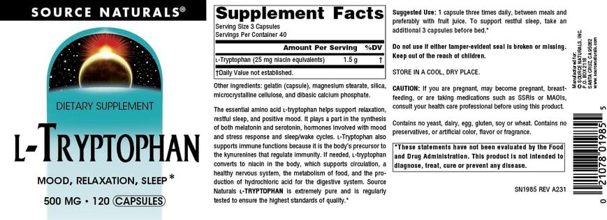 Триптофан Source Naturals L-Tryptophan 500 мг 120 таблеток 2023-10-2699 фото