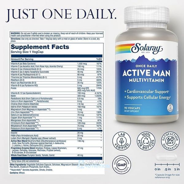 Мультивітаміни для чоловіків Solaray Once Daily Active Man Multivitamin 90 капсул 2023-10-3432 фото