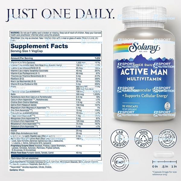 Мультивитамины для мужчин Solaray Once Daily Active Man Multivitamin 90 капсул 2023-10-3432 фото