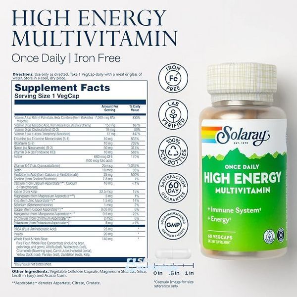 Мультивитамины для энергии Solaray Once Daily High Energy Multivitamin 60 капсул 2023-10-3568 фото