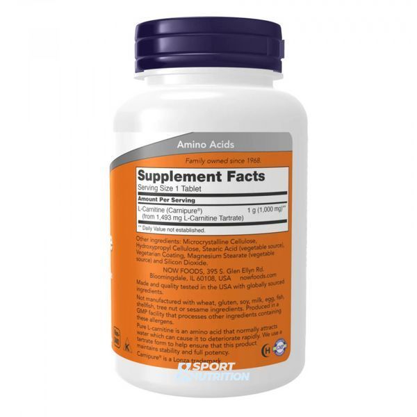 Жироспалювач Now Foods Carnitine Tartrate 1000 мг 100 таблеток 2022-10-2540 фото