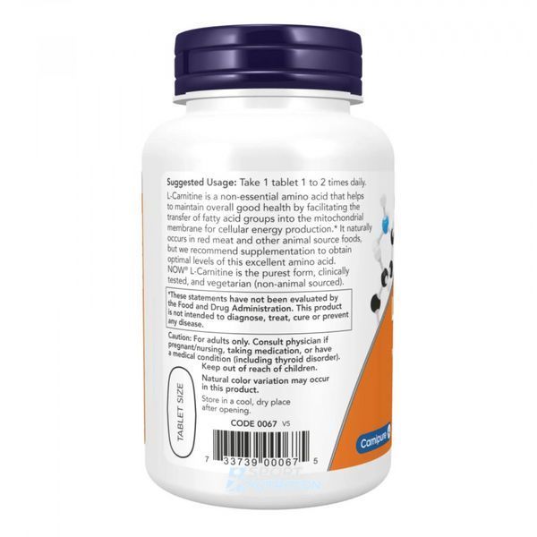 Жироспалювач Now Foods Carnitine Tartrate 1000 мг 100 таблеток 2022-10-2540 фото