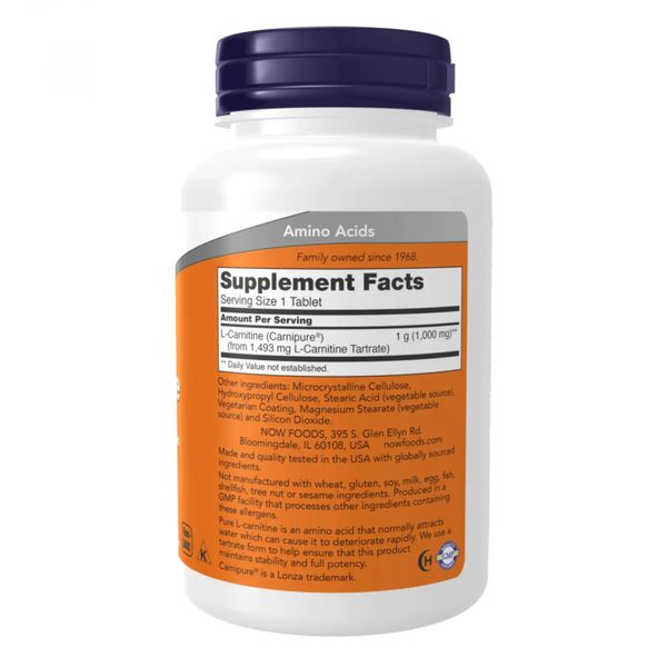 Жиросжигатель Now Foods Carnitine Tartrate 1000 мг 100 таблеток 2022-10-2540 фото