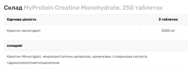 Креатин моногідрат MyProtein Creatine Monohydrate 250 таблеток 100-74-3938119-20 фото