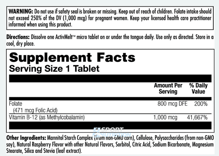 Фолієва кислота і B-12 KAL Folic Acid Methyl B-12 800 мкг 60 таблеток 2022-10-1005 фото