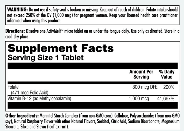 Фолиевая кислота и B-12 KAL Folic Acid Methyl B-12 800 мкг 60 таблеток 2022-10-1005 фото