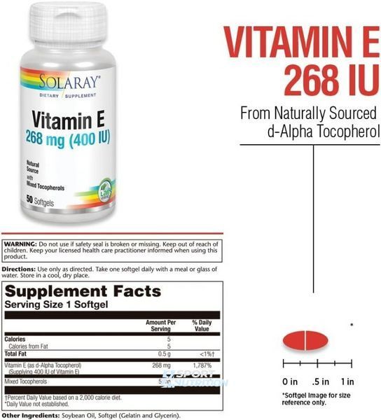 Вітамін E Solaray Vitamin E d-Alpha Tocopherol 268 мг 50 капсул 2023-10-2382 фото