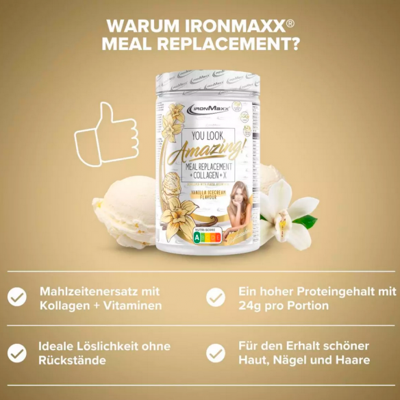 Заменитель питания IronMaxx Meal replacement + collagen 550 г Vanilla ice cream 821498 фото