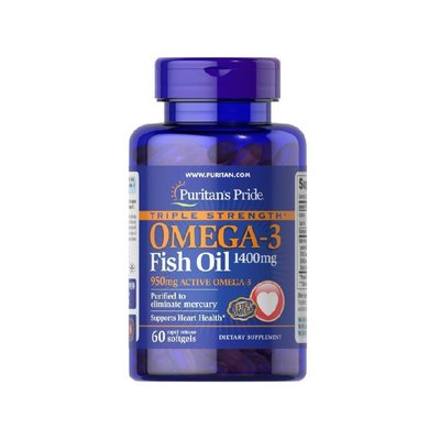 Puritans Pride Triple Strength Omega-3 Fish Oil 1400 мг (504 мг ЕПК /378 мг ДГК) 60 капсул 100-74-4903484-20 фото