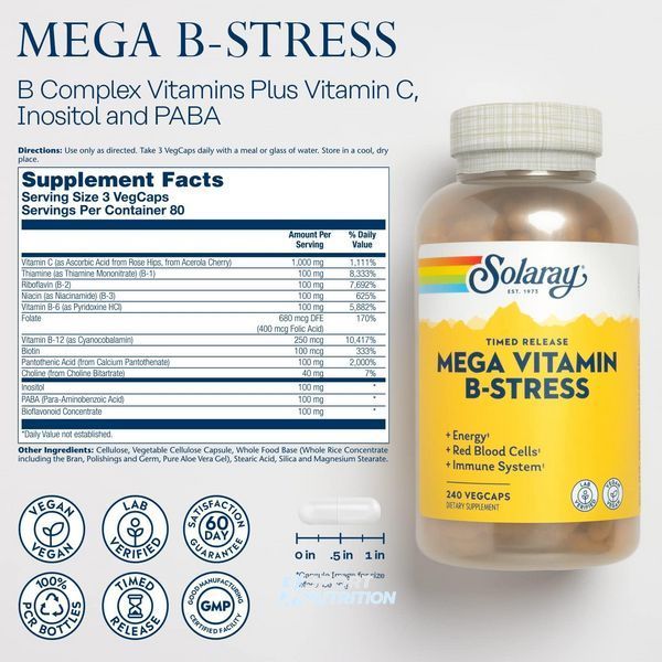 Вітамін В комплекс від стресу Solaray Mega Vitamin-B Stress 60 капсул 2022-10-1785 фото