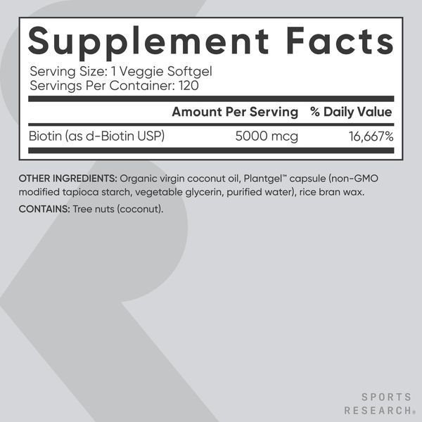 Біотин Sports Research Biotin 5000 мкг with Coconut Oil 120 капсул 2023-10-3448 фото