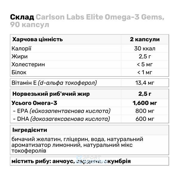 Carlson Labs Elite Omega-3 Gems 800 мг (400 мг EPA/200 мг DHA) 90 + 30 капсул 2022-10-2506 фото