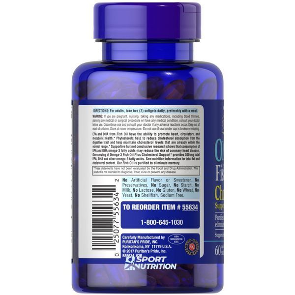 Puritan's Pride Omega 3 Fish Oil Cholesterol Support 1000 мг Plus 60 капсул 2023-10-2483 фото