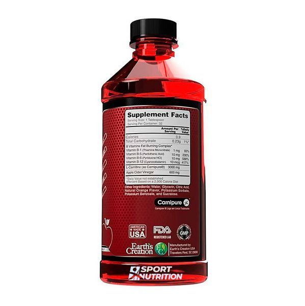 Жиросжигатель Earths Creation L-Carnitine 3000 мг + Apple Cider Vinegar 473 мл Tropical Blast 817480 фото