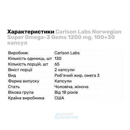Carlson Labs Norwegian Super Omega 3 Gems 1200 мг (600 мг EPA /400 мг DHA) 100+30 капсул 2022-10-2504 фото