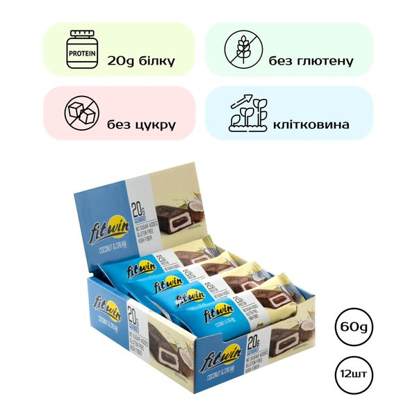 Протеїнові батончики FitWin 12 шт х 60 г Coconat Cream 2022-10-1735 фото