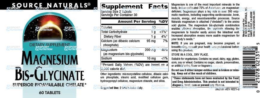 Бисглицинат магния Source Naturals Magnesium Bis-Glycinate 60 таблеток 22754-01 фото