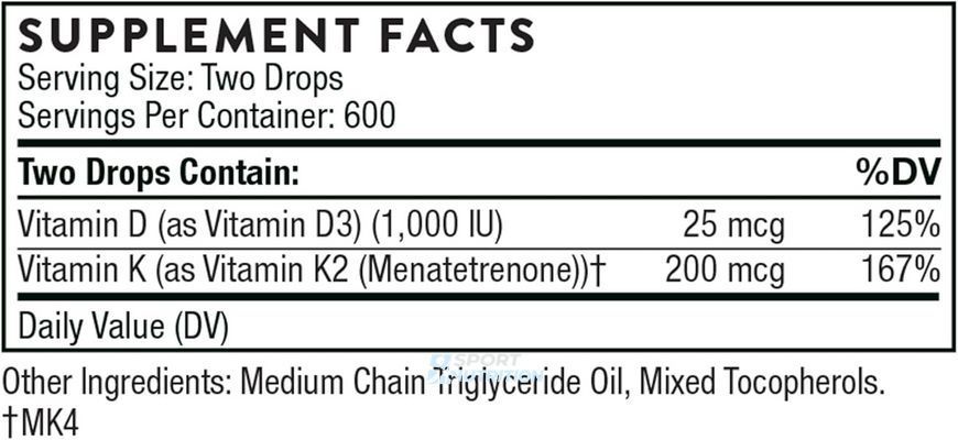 Thorne Research Vitamin D+K2 30 мл 2023-10-3061 фото