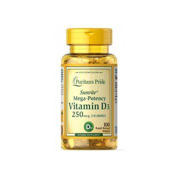 Puritan's Pride Vitamin D3 Mega-Potency 250 мкг 10000 IU 100 капсул 100-46-3018922-20 фото