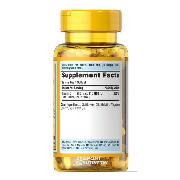 Puritan's Pride Vitamin D3 Mega-Potency 250 мкг 10000 IU 100 капсул 100-46-3018922-20 фото