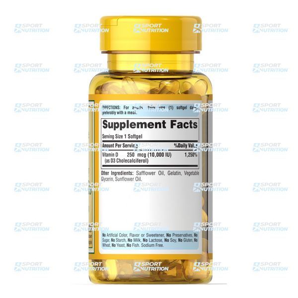 Puritan's Pride Vitamin D3 Mega-Potency 250 мкг 10000 IU 100 капсул 100-46-3018922-20 фото