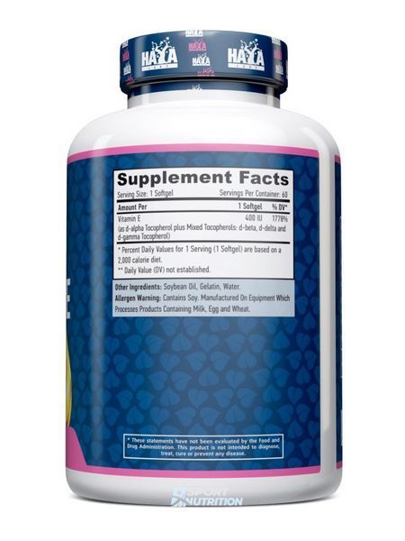 Haya Labs Vitamin E Mixed Tocopherols 400 IU 60 капсул 820434 фото