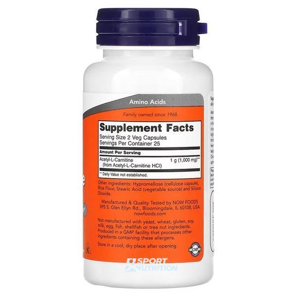 Жиросжигатель Now Foods Acetyl-L-Carnitine 500 мг 50 капсул 100-58-5578635-20 фото