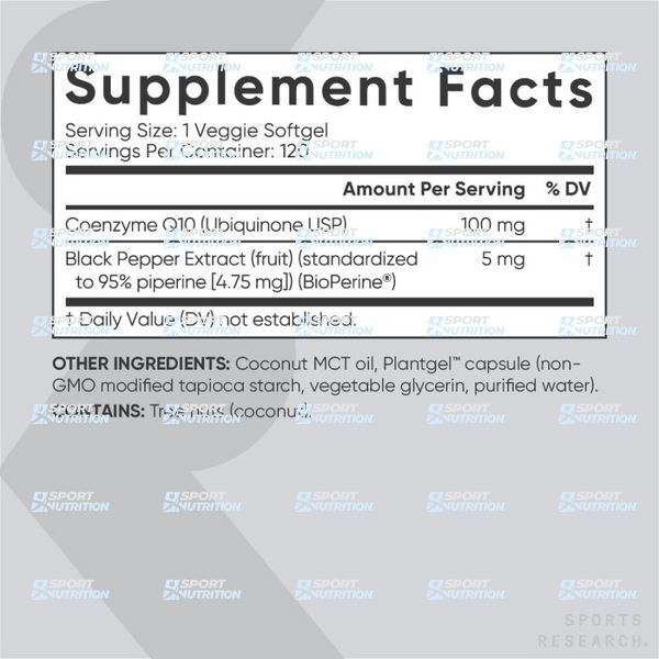 Коэнзим Q10 Sports Research CoQ10 with BioPerine Coconut Oil 100 мг 120 капсул 2023-10-3439 фото