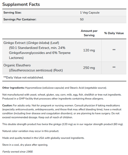 Гинкго билоба Now Foods Ginkgo Biloba Double Strength 120 мг 50 капсул 811618 фото