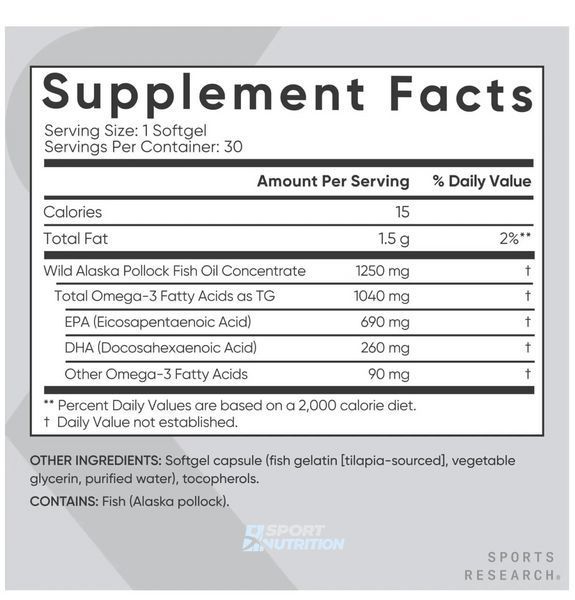 Sports Research Triple Strength Omega-3 Fish Oil 1250 мг (690 мг EPA/260 мг DHA) 30 капсул 2023-10-3443 фото