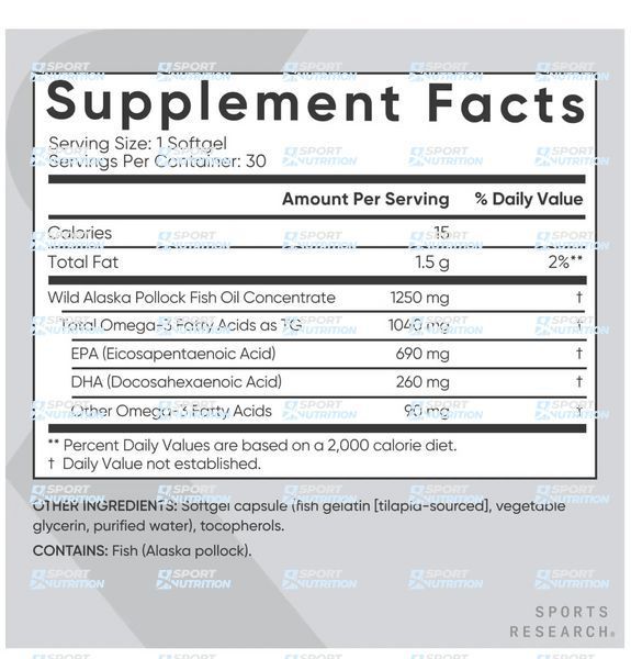 Sports Research Triple Strength Omega-3 Fish Oil 1250 мг (690 мг EPA/260 мг DHA) 30 капсул 2023-10-3443 фото